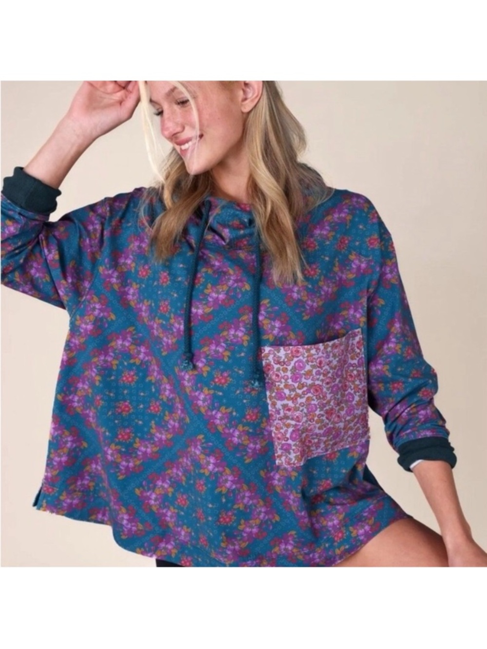 NATURAL LIFE Teal Floral Hooded Pullover with Purple Pocket